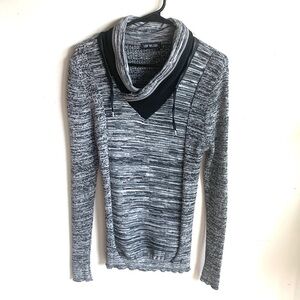 Leif Nelson Faux Leather Trim Collar Black White Stretch Fit Sweater